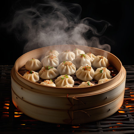 Chinese steamed dumplings in bamboo steamer on black backgroundの素材