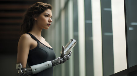 Portrait of a beautiful young woman with robot arm. Futuristic technology concept.の素材