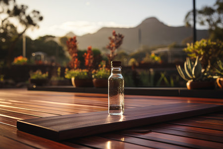 A bottle of water on a wooden table in a terrace with a view of the mountainsの素材
