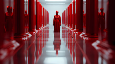 3d render of a female figure in a red cloak standing in a corridorの素材