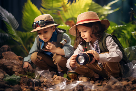 Little boy and girl in safari hat with binoculars.の素材