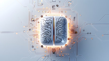 Abstract Artificial intelligence (AI) and machine learning concept. Electronic circuit board with human brain. Vector illustrationの素材