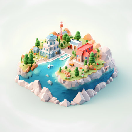 Isometric island with house and swimming pool. 3d illustration.の素材