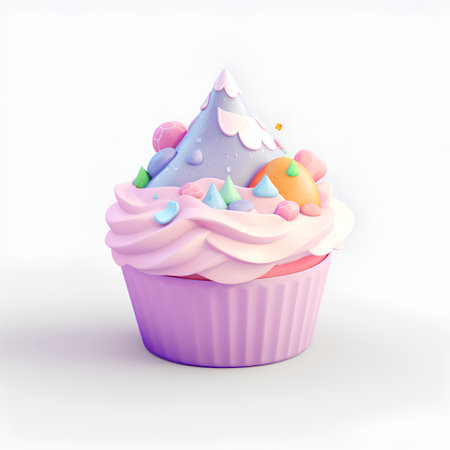 Cupcake with pink cream and colorful sprinkles. 3d illustrationの素材
