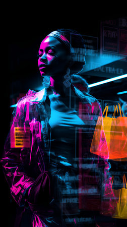 Fashionable african american woman with shopping bags. 3d renderingの素材