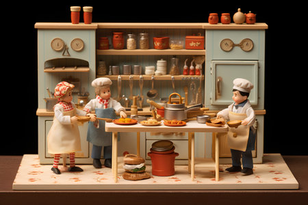 Miniature people cooking in the kitchen. Concept of small business.の素材