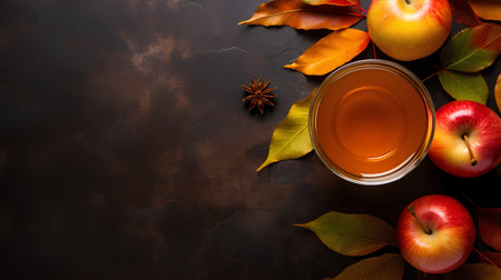 Apple juice with autumn leaves and spices on dark background. Top view with copy spaceの素材