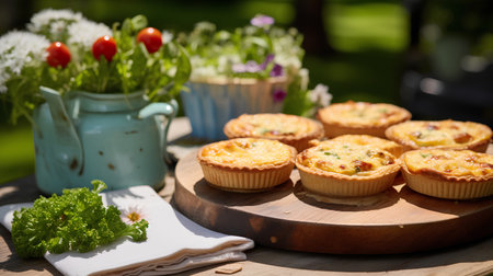 Mini tartlets with cottage cheese and herbs on a wooden table.の素材