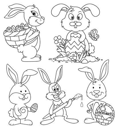 Easter Bunny Cartoon Characters Line Art Setのイラスト素材