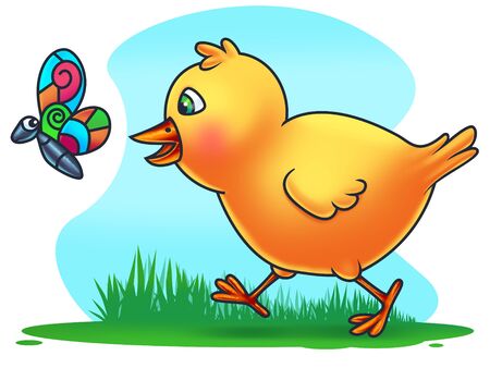 Easter Chicken Chasing a Butterflyの写真素材