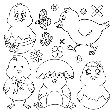 Easter Cartoon Chicken Line Art Setの写真素材