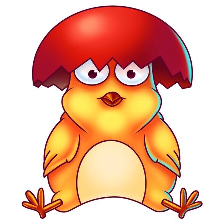 Yellow Easter Chicken with Egg Shell on its Headの写真素材