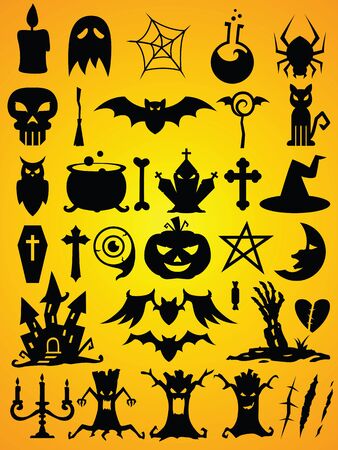 Halloween set with different vector shapes and symbols from objects to animals and other seasonal items.のイラスト素材