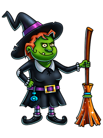 Witch cartoon character with a broom - digital painting.の写真素材