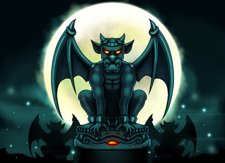 Halloween gargoyle illustration - night scene with big moon and gargoyle statue with glowing eyes - digital painting.の写真素材