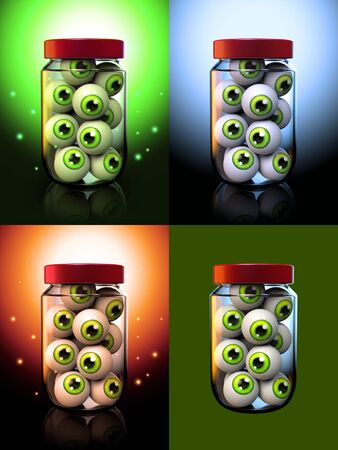 Halloween Eyeballs in a Jar 3D Illustration. Jar on different background colors and one isolated on green.の写真素材