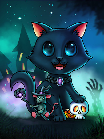 A cute cat cartoon character with his paw on a skull and a little wizard mouse - Halloween illustration - digital paintingの写真素材