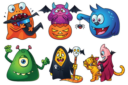 A set of cute cartoon monsters for Halloween: orange creature eating witch hat, trick or treat purple monster, blue monster found a little spider, green monster trying to scare you, secret society beast, monster riding a cat.のイラスト素材