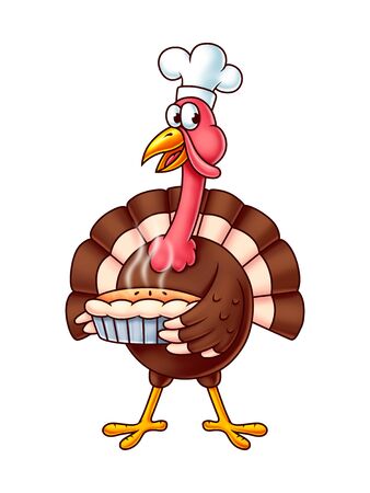 Thanksgiving Cartoon Turkey with a steaming pie and a cook hat - isolated on white - Digital Painting. Great for thanksgiving and cooking projects or greeting cards.の写真素材