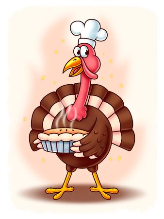 Thanksgiving Cartoon Turkey with a steaming pie and a cook hat - Digital Painting. Great for thanksgiving and cooking projects or greeting cards.の写真素材