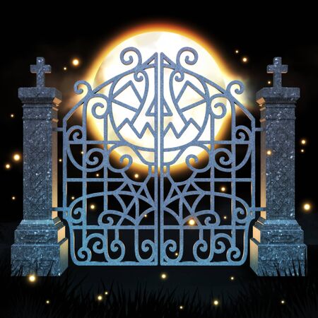 Halloween gate 3D illustration - night scene - pumpkin and spider web included in gate design.の写真素材