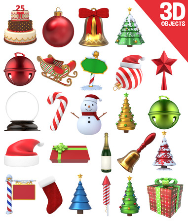 A set of 25 Christmas Objects - 3D Renders: gifts, candy cane, bells, snowman, sign and other ornaments.の写真素材
