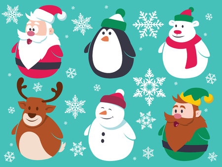 Christmas flat characters set. Contain cute vector cartoon characters like santa claus, penguin, polar bear, reindeer, snowman and a little elf.のイラスト素材