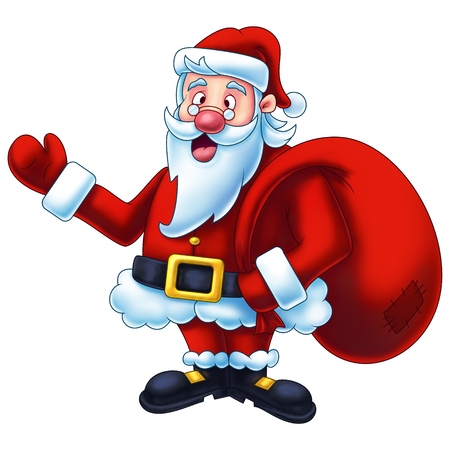 Santa Claus cartoon character with sack full of gifts - Digital Painting. Great illustration for Christmas projects, greeting cards, etc. Isolated on white background.の写真素材