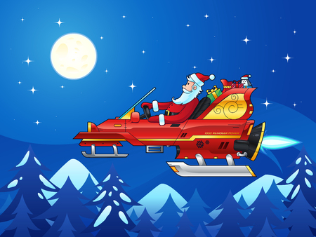 Vector illustration with Cartoon Santa Claus driving a futuristic sleigh. Sleigh has been upgraded to the new model that has 1000 reindeer powerのイラスト素材