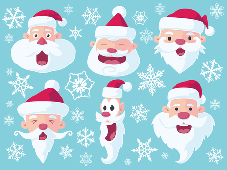 A set of 6 vector cartoon Santa Claus heads for Christmas - flat style.のイラスト素材