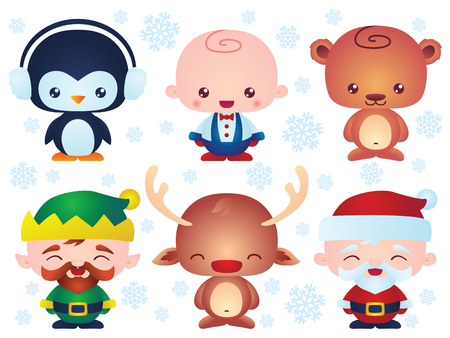 Set of cute Christmas baby characters. Contain happy little vector cartoons characters like: santa, kid, elf, bear, reindeer, penguin.のイラスト素材