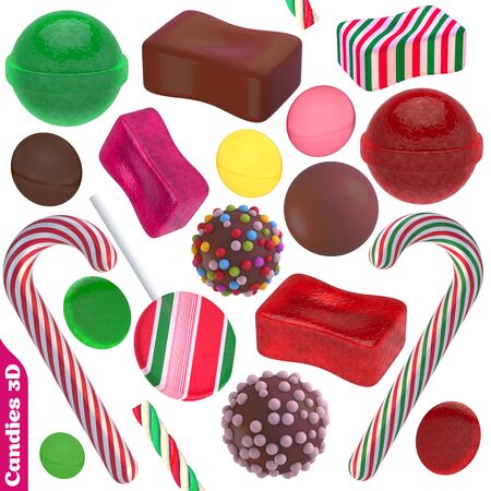 Set of candies and sweets - 3D render.Isolated on white background.の写真素材