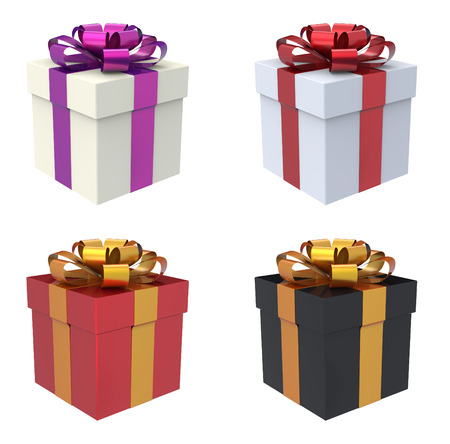 Gift Box 3D Render. Available in different colors white, red, black box with gold, red and purple ribbon.の写真素材