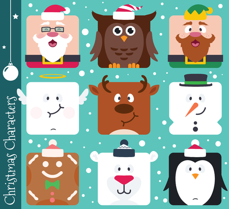 Set of square flat Christmas characters. Contain cute vector cartoon characters like santa claus, penguin, polar bear, elf, snowman, owl, angel, gingerbread man and reindeer.のイラスト素材