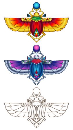 Egyptian Scarab Colorful Vector Illustration. Available in 2 color versions + line art (can be used for coloring).のイラスト素材