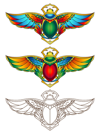 Egyptian Scarab Colorful Vector Illustration. Available in 2 color versions + line art (can be used for coloring).のイラスト素材