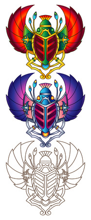 Egyptian Scarab Colorful Vector Illustration. Available in 2 color versions + line art (can be used for coloring).のイラスト素材