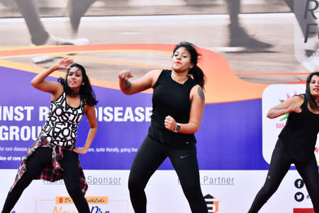 zumba dancers perfors zumba during marathon warmup sessionのeditorial素材