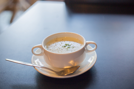 muchroom soup is on th table.の写真素材