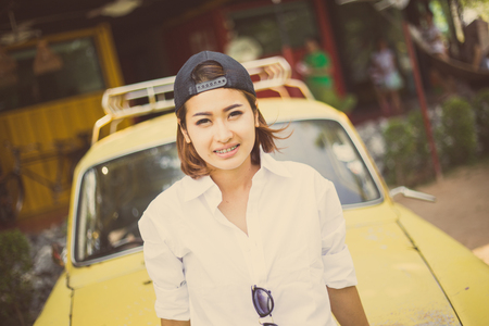 Asian woman in vintage style.の写真素材