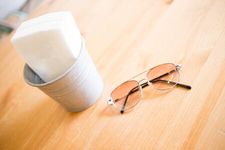 glasses on the tableの写真素材