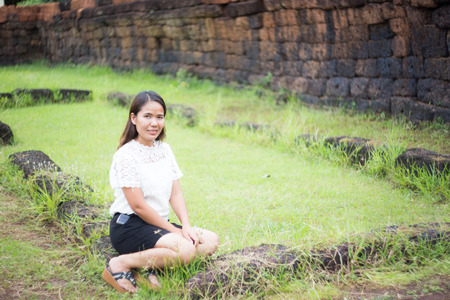 asian woman in temple thailandの写真素材