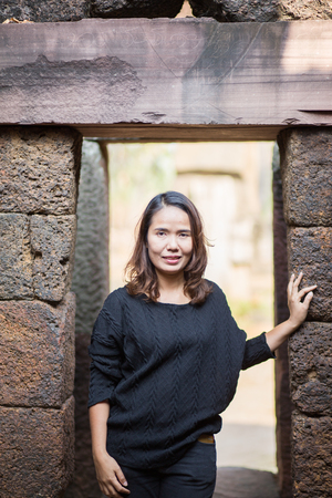 Asian women at stone castle.の写真素材