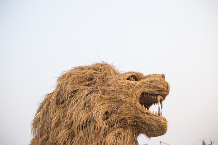 Straw puppet is the lion in a field farmの写真素材