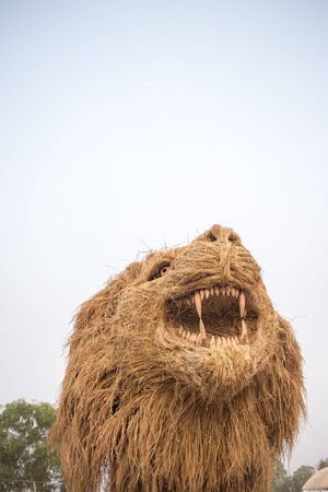 Straw puppet is the lion in a field farmの写真素材