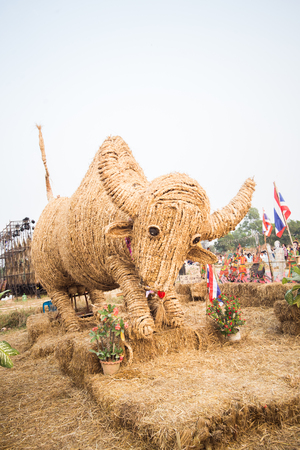 Straw puppet is the bufflo in a field farm a field farmの写真素材