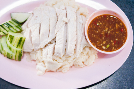 Hainanese chicken rice and spicy sauceの写真素材