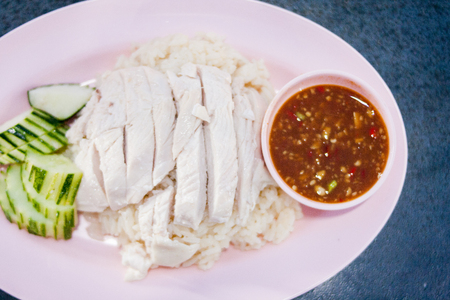 Hainanese chicken rice and spicy sauceの写真素材