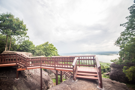 wood staircase on  mountain stoneの写真素材