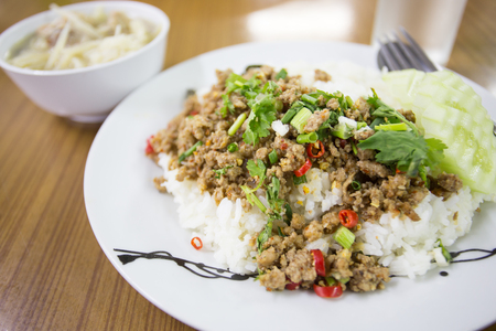 spicy minced meat salad with riceの写真素材
